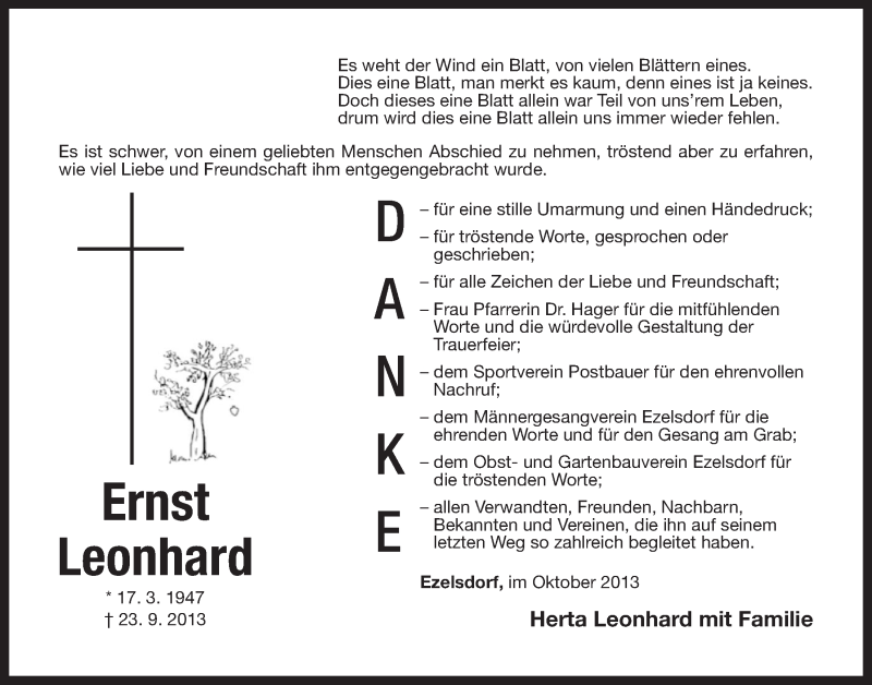 Traueranzeigen Von Ernst Leonhard Gemeinsamtrauern N Land