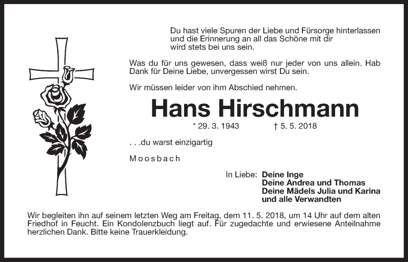 Traueranzeigen Von Hans Hirschmann Gemeinsamtrauern N Land