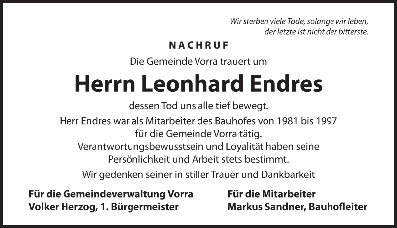 Traueranzeigen Von Leonhard Endres Gemeinsamtrauern N Land