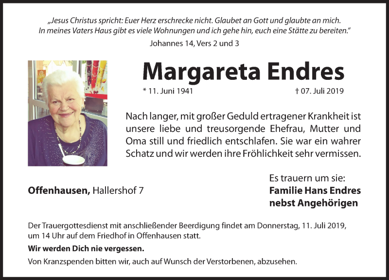 Traueranzeigen Von Margareta Endres Gemeinsamtrauern N Land