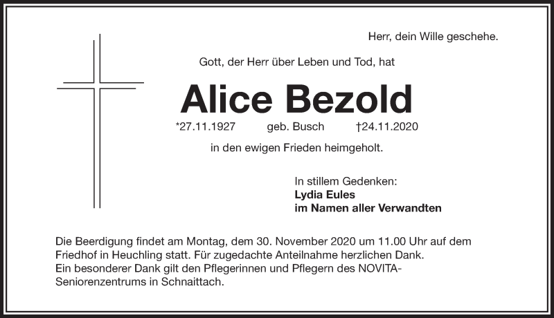 Traueranzeigen Von Alice Bezold Gemeinsamtrauern N Land