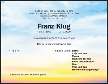 Traueranzeigen Von Franz Klug Gemeinsamtrauern N Land