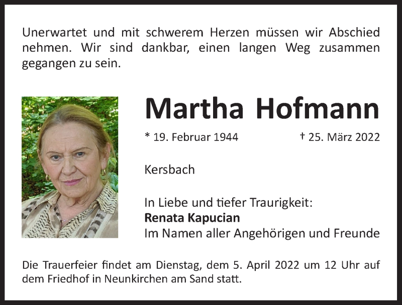 Traueranzeigen Von Martha Hofmann Gemeinsamtrauern N Land