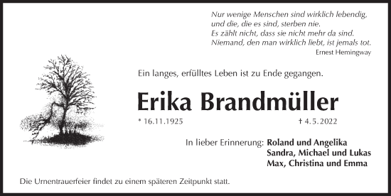 Traueranzeige von Erika Brandmüller von Pegnitz-Zeitung