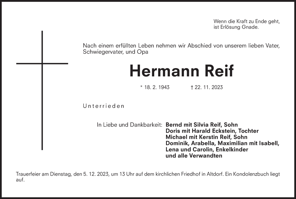 Traueranzeigen Von Hermann Reif Gemeinsamtrauern N Land