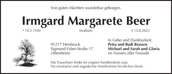 Traueranzeigen Von Irmgard Margarete Beer Gemeinsamtrauern N Land