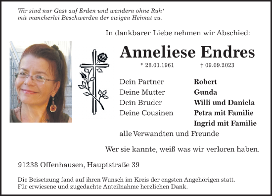 Traueranzeigen Von Anneliese Endres Gemeinsamtrauern N Land