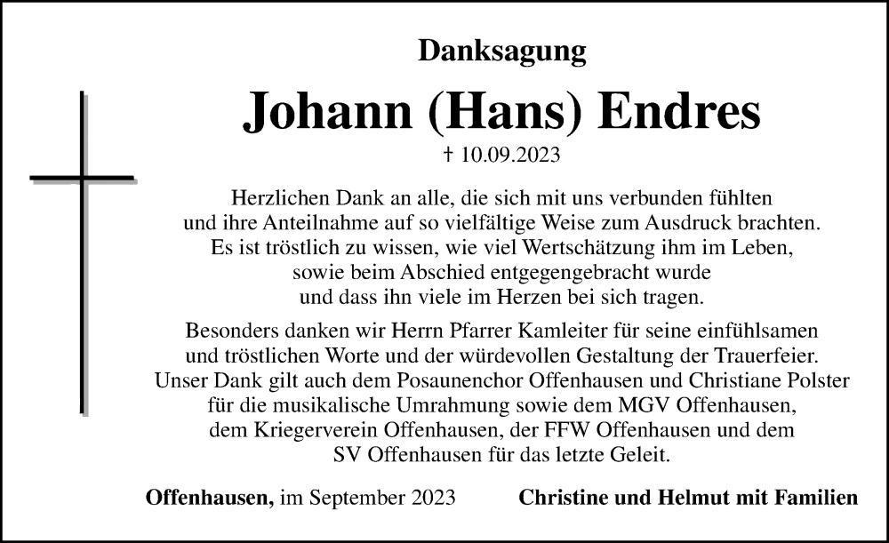 Traueranzeigen Von Johann Endres Gemeinsamtrauern N Land