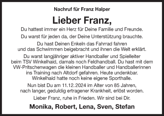 Traueranzeigen Von Franz Halper Gemeinsamtrauern N Land