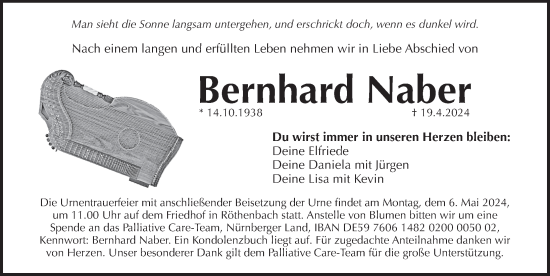 Traueranzeige von Bernhard Naber von Pegnitz-Zeitung