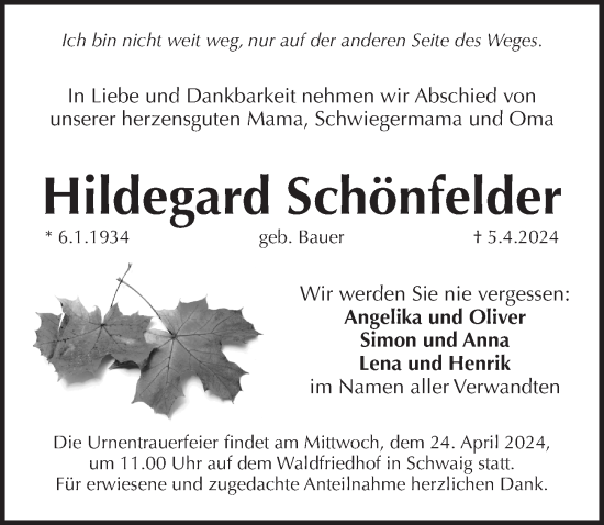 Traueranzeige von Hildegard Schönfelder von Pegnitz-Zeitung