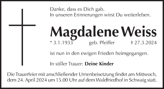Traueranzeige von Magdalene Weiss von Pegnitz-Zeitung