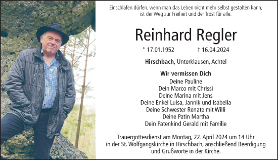 Traueranzeige von Reinhard Regler von Hersbrucker Zeitung Lokal