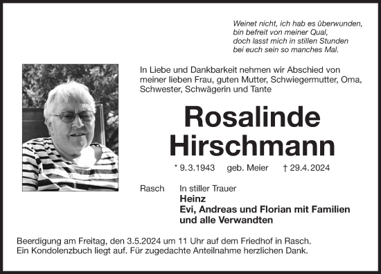 Traueranzeige von Rosalinde Hirschmann von Der Bote