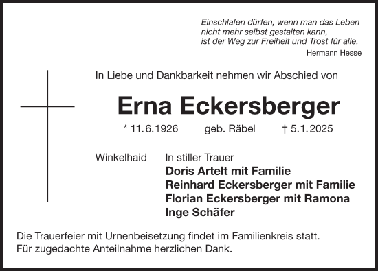 Traueranzeigen Von Erna Eckersberger Gemeinsamtrauern N Land